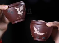 《松鶴對(duì)杯》宜興紫砂壺紫泥全手工茶壺茶具